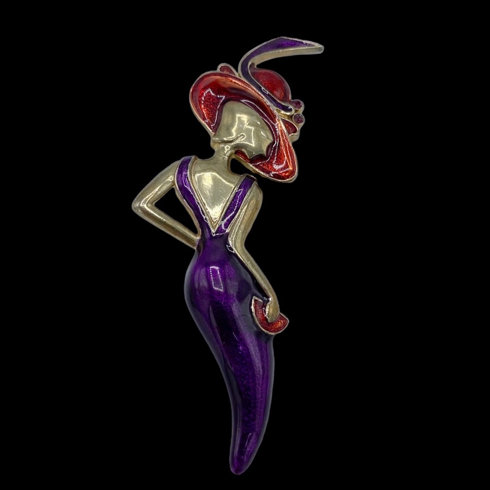 Flapper Red Hat Lady Enamel Rhinestone Purple Dress Gold Tone Brooch Pin